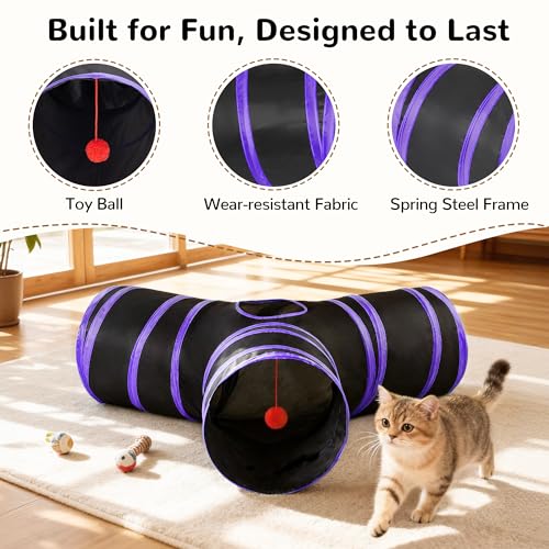 Cat Tunnel, 3-Way Collapsible Toy for Indoor Cats, Black & Purple (Black & Purple / Small)