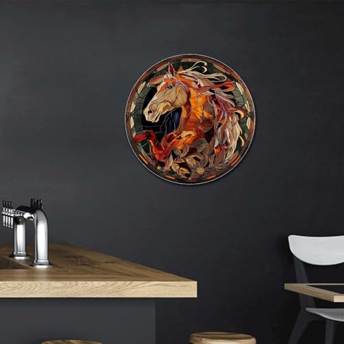 Metal Sign Tin Sign Circular Stained Glass Horse Gardening Poster for Pet 8×8 Inches (8×8 Inches / Horse-1)