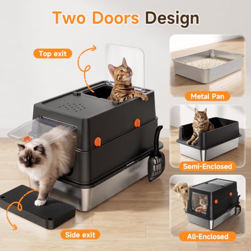 XL Enclosed Stainless Steel Litter Box with Lid (Carbon Black)