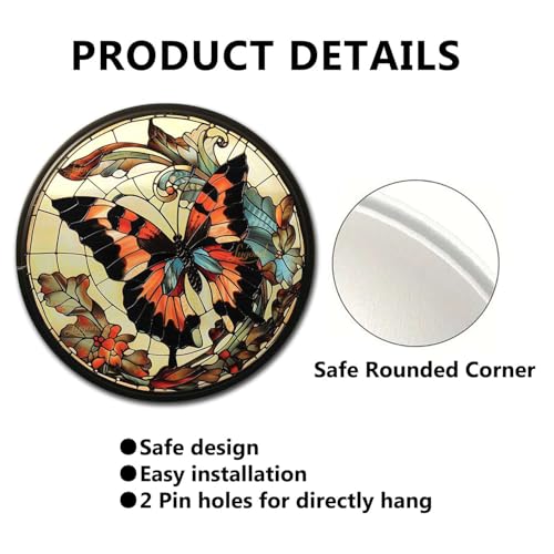 Metal Sign Tin Sign Circular Stained Glass Butterfly Decor Outdoor for Restaurant 8×8 Inches (8×8 Inches / Butterfly-1)