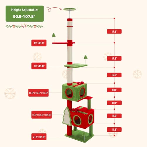 90.9'' 107.8'' Floor to Ceiling Cat Tree for Large Indoor Cats (L Plus(91''-108'') / Christmas Red)