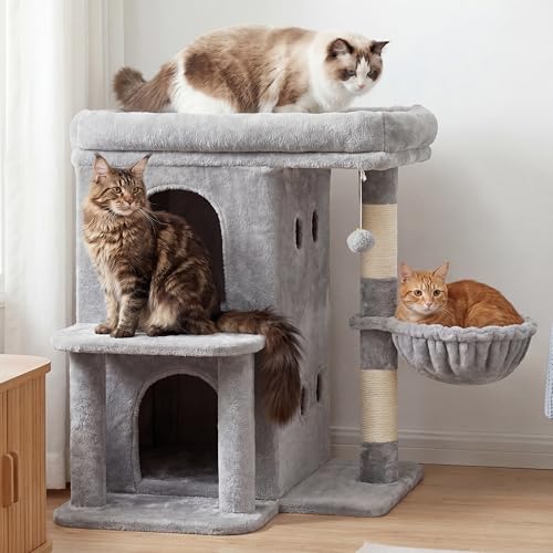 26.3" Cat Tree for Large Cats with Big Perch & Dual Condos HCT204SW (Light Gray / 26.3 inch)