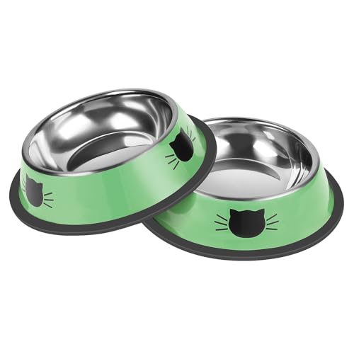 2 Pcs Non Slip Stainless Steel Small Cat Food Bowls (Green / 7 oz)