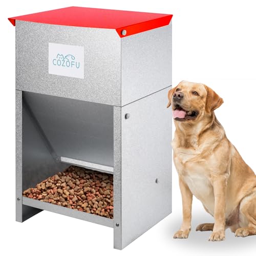 Dog Feeder Galvanized Metal Pet Food Auto Gravity Dispenser Dog 50lb (Deep Red(Feeder))