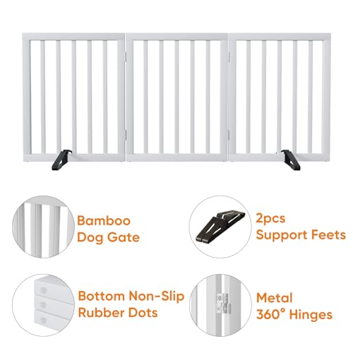 White 18 55" Wide Pet Gate (Bamboo Dog Gate White / 3 Panel - 55 inches Wide)