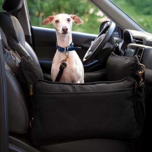 Small Dog Car Seat for Small Medium Pets with Harness Clip (Black - Canvas / Medium)