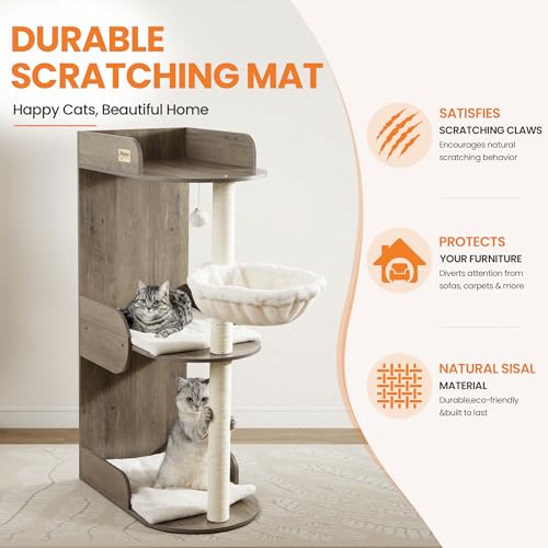 44.8in Modern Wood Cat Tree Tower for Indoor Large Cats with Perch (Greige 2 / 44.8 Inches)