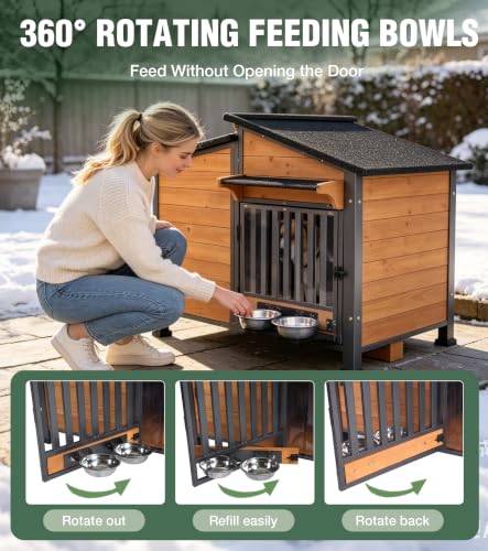 Heated Dog House Outdoor with Iron Frame and Rotating Bowls