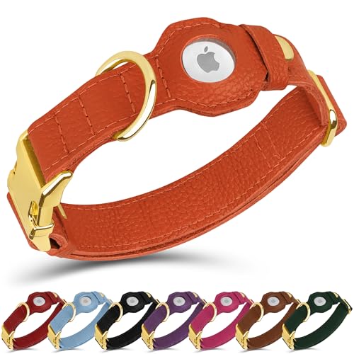 Leather Airtag Dog Collar (Orange / L, 17"-21" Neck Fit)