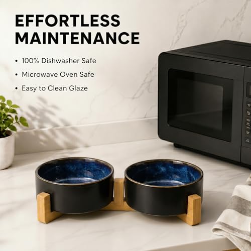 Ceramic Dog and Cat Bowl Set with Wooden Stand (1.7 cups / Starry Blue × 2)