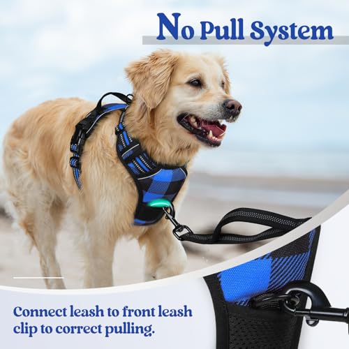 Dog Harness No Pull Medium Sized with 2 Leash Clips (Medium / Blue Plaid)