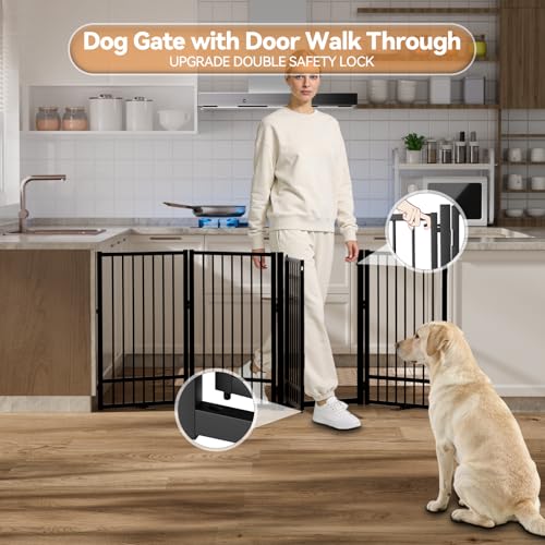 Full Metal Freestanding Dog Gate with Door (【4 Panels】80"W*36H" / Black)