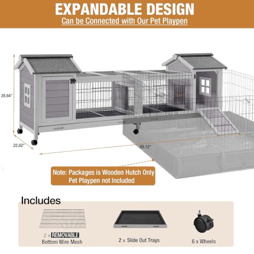 Rabbit Hutch Indoor Outdoor Bunny Cage Upgrade Large Space for Rabbit (80.1"L x 22.8"W x 28.6"H)