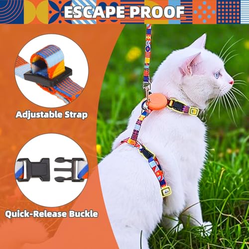 Adjustable Cat Harness and Leash Set Escape Proof Kitten Strap Collar for Walking Travel (Small / Orange(Geometry))