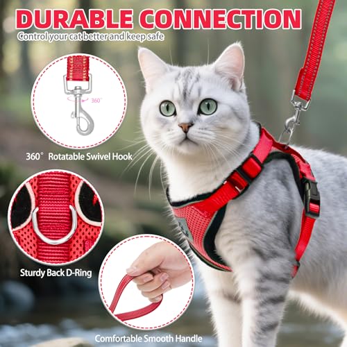 Cat Harness and Leash Set Escape Proof Reflective Cat Walking Harness Adjustable Soft Breathable Mesh Vest for Small Pets (M (NECK 11"-13.7", CHEST 16"-20") / Red)