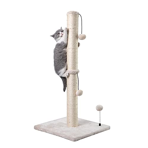 34” Tall Cat Scratching Post Premium Basics Kitten Scratcher Sisal Scratch Posts Trees with Hanging Ball for Indoor Cats (34 inches for Adult Cats / Beige)