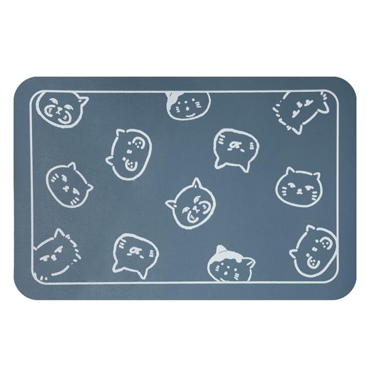 Cat Food Mat Cat Mat for Food and Water (Blue & Multiple cat heads Logo / 24"L x 16.9"W)