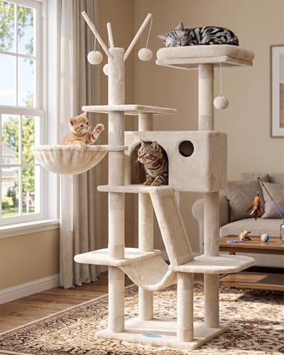 Cat Tree Tower with Padded Platform Bed (53 Inch / Beige)