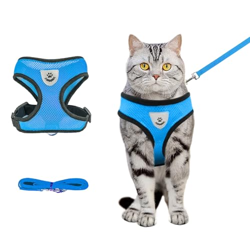 Cat Harness and Leash (sky blue / M：(Neck:11.81" chest:14.56"-18.50"))
