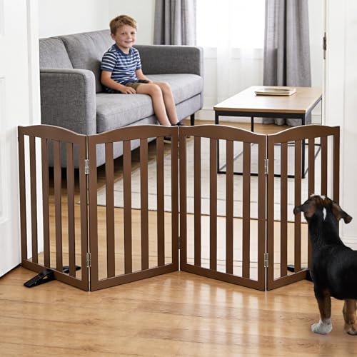 Foldable Freestanding Indoor Dog Gate for House Wood Long Pet Gates Dog Fence for Stairs Puppy Gates for Hallways (Brown / 【4 Panels】80''w X 24''h)