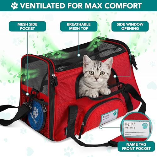 Airline Approved Pet Carrier for Cats & Small Dogs (Red / 17.0"L x 10.2"W x 11.2"H)