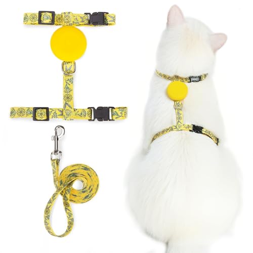 Adjustable Cat Harness and Leash Set Escape Proof Kitten Strap Collar for Walking Travel (Medium / Yellow(Floral))