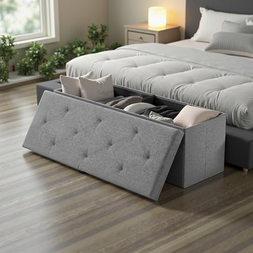 43 Inch Folding Storage Ottoman Bench (Linen Grey / 15"D x 43"W x 15"H)