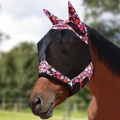Pro LumiVista Horse Half Face Fly Mask Large Eye Space with Ears UV Protection for Horse Cute Hearts L (Cute Hearts / L)