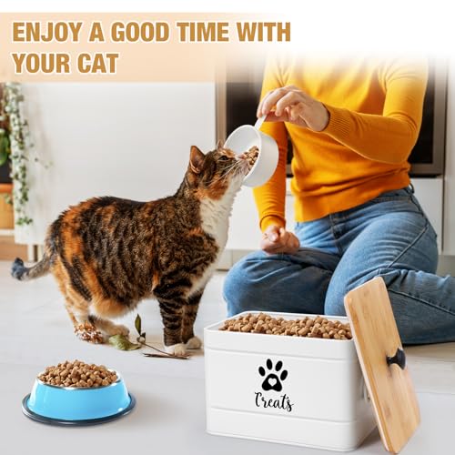 2 Pcs Large Metal Cat Food Storage Containers 12+3.5 Lbs Decorative Pet Treat Snack Jars Airtight Bamboo Lids & Dry Food Scoop for Farmhouse Kitchen Counter Decor (White)