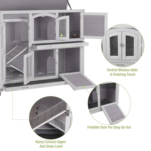 Rabbit Hutch Indoor Outdoor Bunny House Guinea Pig Cage on Wheel with Plastic Tray (Grey / 44.0"L x 20.0"W x 41.5"H)