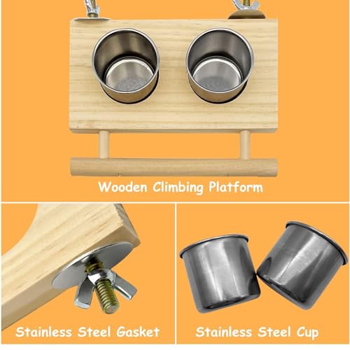 Bird Feeding Dish Cups with Wooden Platform Hanging Stainless Steel Parrot Cage Feeder Bowl Wood Perch Stand for Parakeet Cockatiels Lovebirds Budgie (Small)