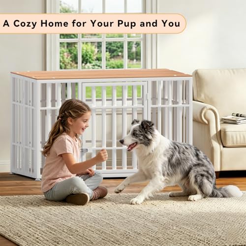 46 Inch Heavy Duty Dog Crate Furniture for Large Dogs (45.8"L x 27.5"W x 28.7"H / White+Wood)