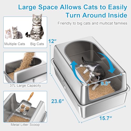 12'' High Sides XL All Stainless Steel Cat Litter Box with Lid (XL:23.6''×15.8''×12'')
