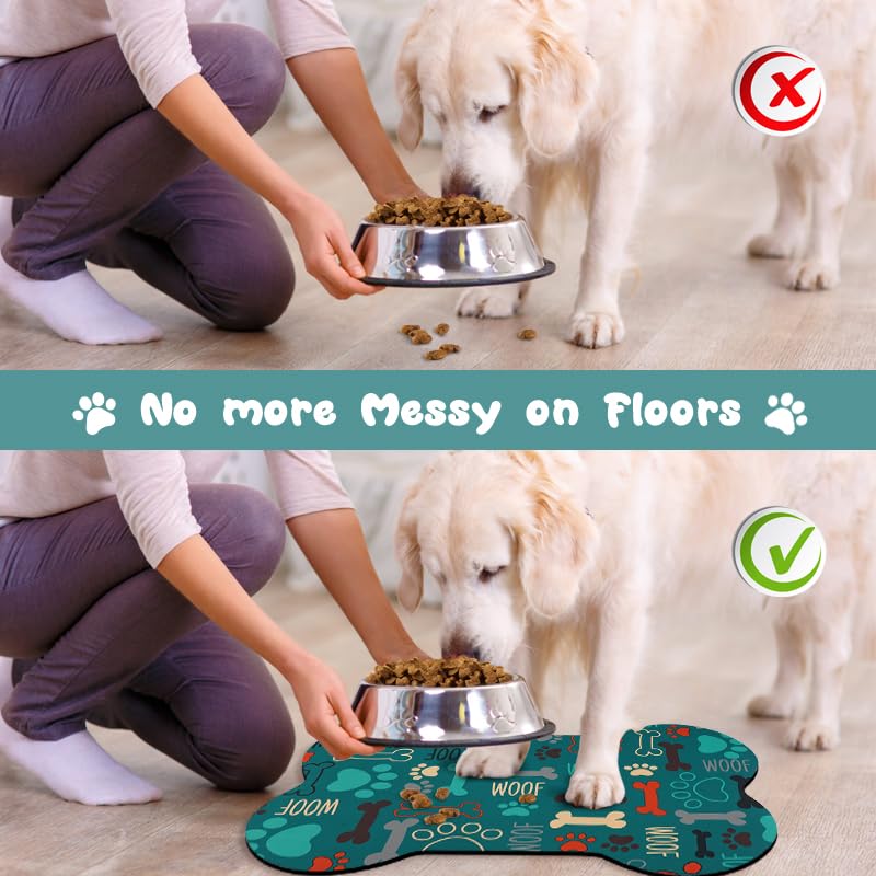 Dog Food Mats for Floors Waterproof (Green Bone / 25.5"L x 17"W)
