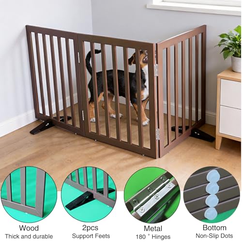 Freestanding Indoor Dog Gate for House Foldable Wood Puppy Gate for Doorways Pet Gate for Stairs Extra Wide Pet Fence (Brown / 【3 Panels】60''w x 32''h)