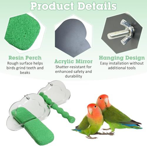 2 PCS Bird Mirror with Perch Resin Parakeet Perches Hanging Parrot Toys Interactive Bird Cage Accessories for Cockatiel Conure Lovebird Finch