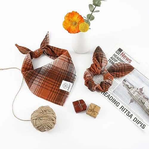 Fall Dog Bandanas Matching Dog Bandana and Scrunchie Medium Large (01-brown orange-plaid / Large)