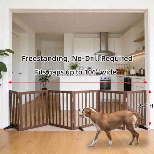 Freestanding Indoor Dog Gate for House Foldable Wood Puppy Gate for Doorways Pet Gate for Stairs Extra Wide Pet Fence (Brown / 【6 Panels】120''w x 24''h)