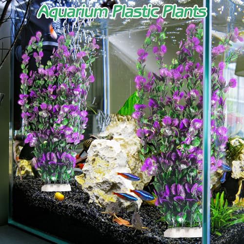 Purple Green Serrated Leaf Tall Aquarium Plastic Plants Artificial Fish Tank Plant Aquarium Decor Extra Large Lifelike Aquatic Plant Suitable for Saltwater and Freshwater 27.5 (B*2 Pcs / 27.5 in)