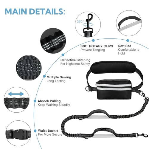 Hands Free Dog Leash for Two Dogs Walking (Black/Silver Gray / Large)