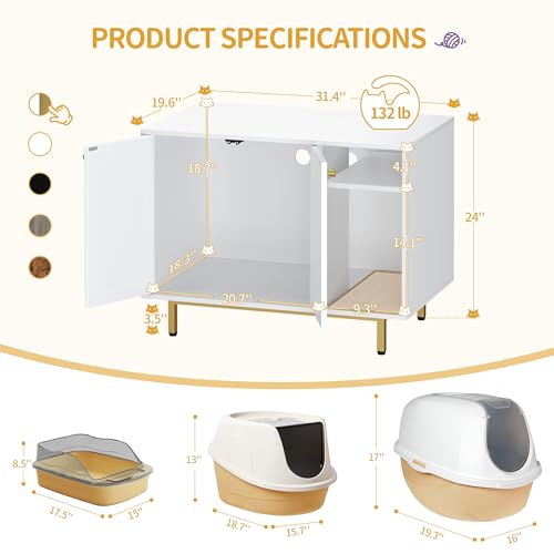 Cat Litter Box Enclosure (White and Gold / 31.4"L x 19.6"W x 24"H)
