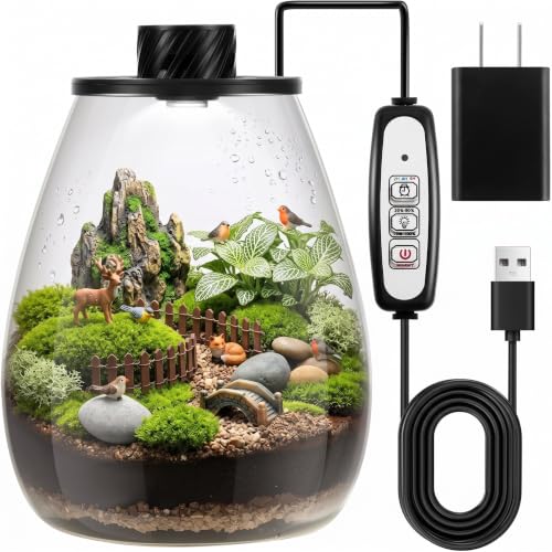 Glass Terrarium Kit with LED Grow Light for Desktop (6.9 x 7.8 Inch)