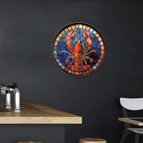 Metal Sign Tin Sign Circular Stained Glass Lobster Gardening Poster for Club 8×8 Inches (8×8 Inches / Lobster)