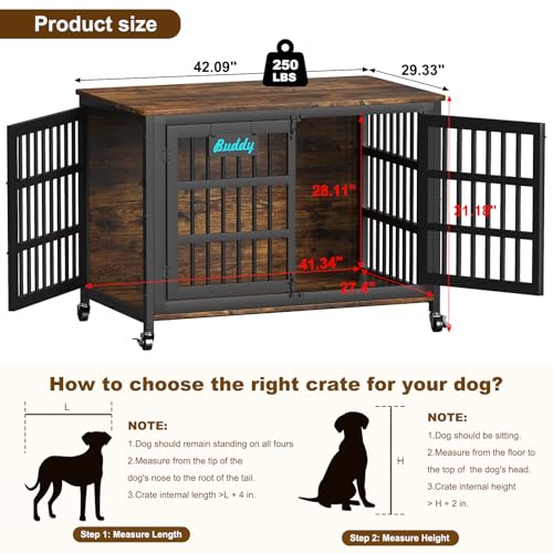 42"/41"/33" Dog Crate Furniture with Name Tag, XL Heavy Duty Dog Kennel Indoor for Large and Medium Dogs, Double-Doors Sturdy Dog Cage for Anxiety Dog, Decorate House as TV Stand (42.1"L x 29.3"W x 31.2"H / Brown)