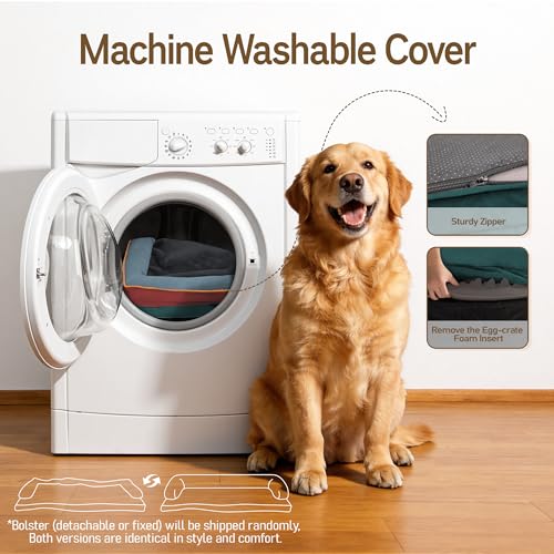Washable Dog Bed with Bolster for Medium to Large Dogs (Terracotta Teal / 36"L x 27"W x 7.5"Th)