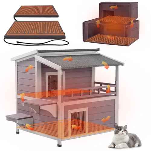 2 Story Heated Cat House Outdoor Insulated Cat House Weatherproof Feral Cat Shelter with Safe Heating Pad