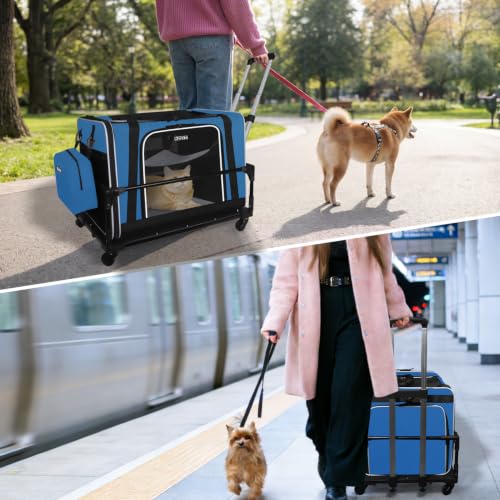 Side Expandable Extra Large Cat Carrier with Litter Box and Wheels (Prussian Blue with wheels)
