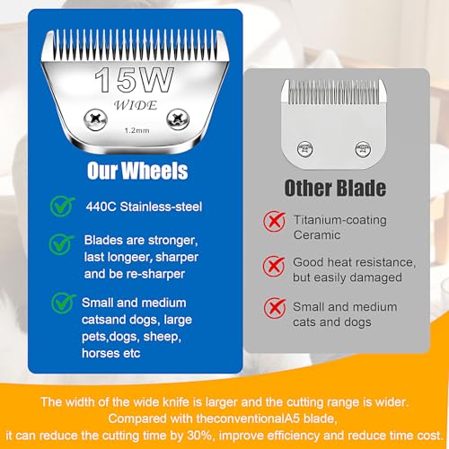 15W Wide Blade Dog Grooming Clipper Blades for Andis (Silver/15W-2PACK)