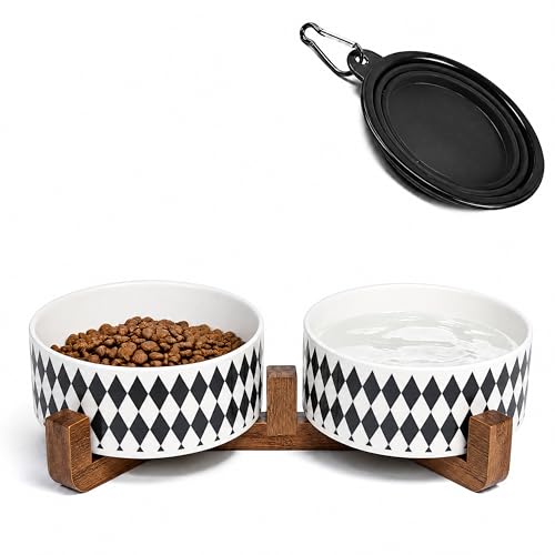 Ceramic Dog Cat Bowl Set with Stand (Black Rhombus / 850ML*2)