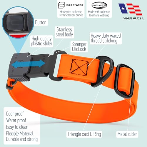 Biothane Waterproof Dog Collar with Herm Sprenger Stainless Steel Quick Release Buckle (W 1" x L 15"-25" / Hunter Orange)